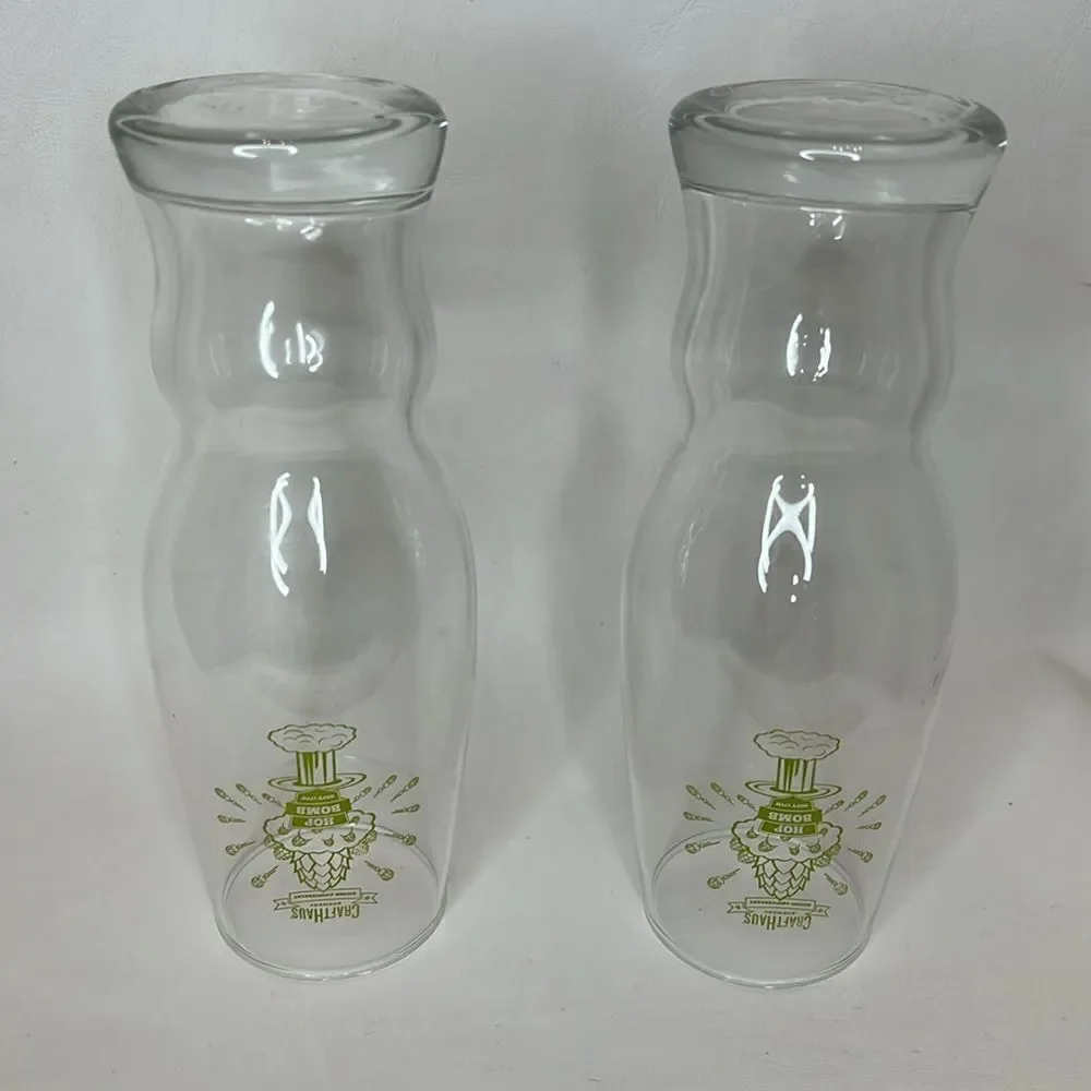 Craft Haus Beer Bomb Glasses 16 Oz Set Of 2 Clear Green Writing 7 1/2 Tall